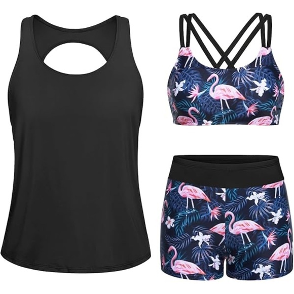Women’s 3 pcs Tankini Bathing Suit Flamingo Bikini Swimsuit NWT Size XS - Picture 1 of 2